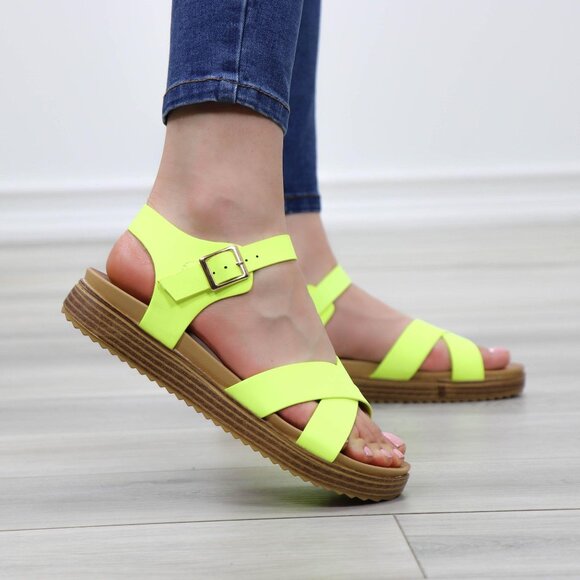 Neon Green Strappy Comfort Sandals Faux Nubuck - Picture 6 of 13